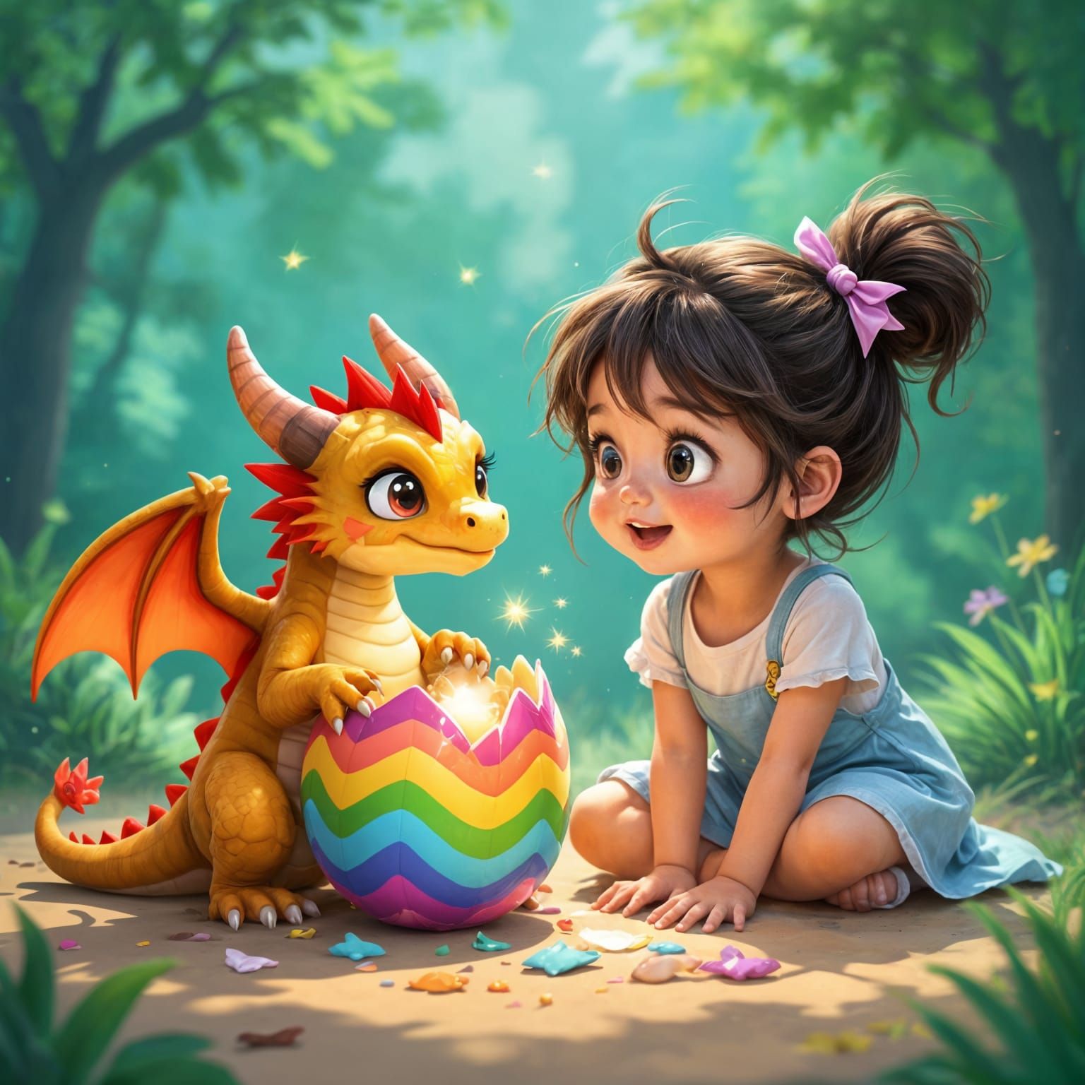 Girl and Dragon Hatching From Rainbow Egg
