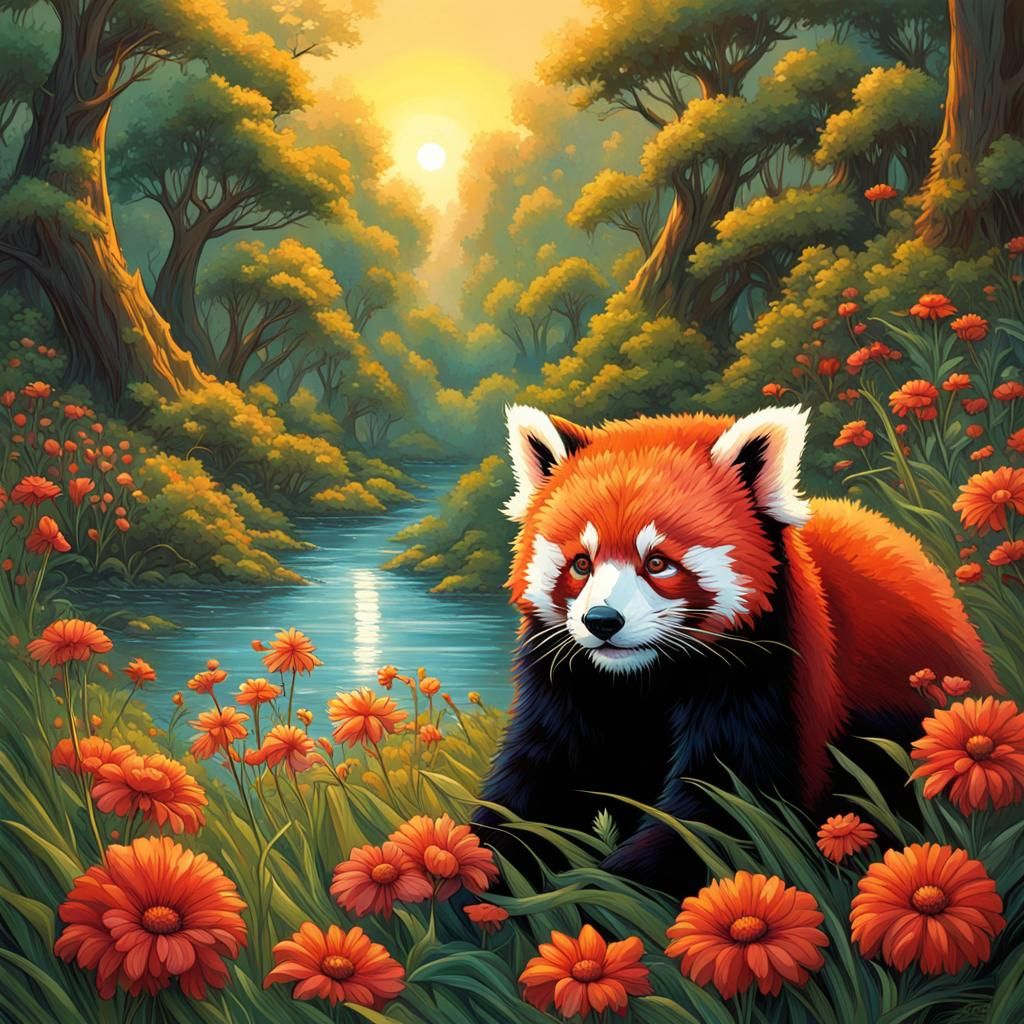 Majestic Red Pandas in a Gothic Flower Field