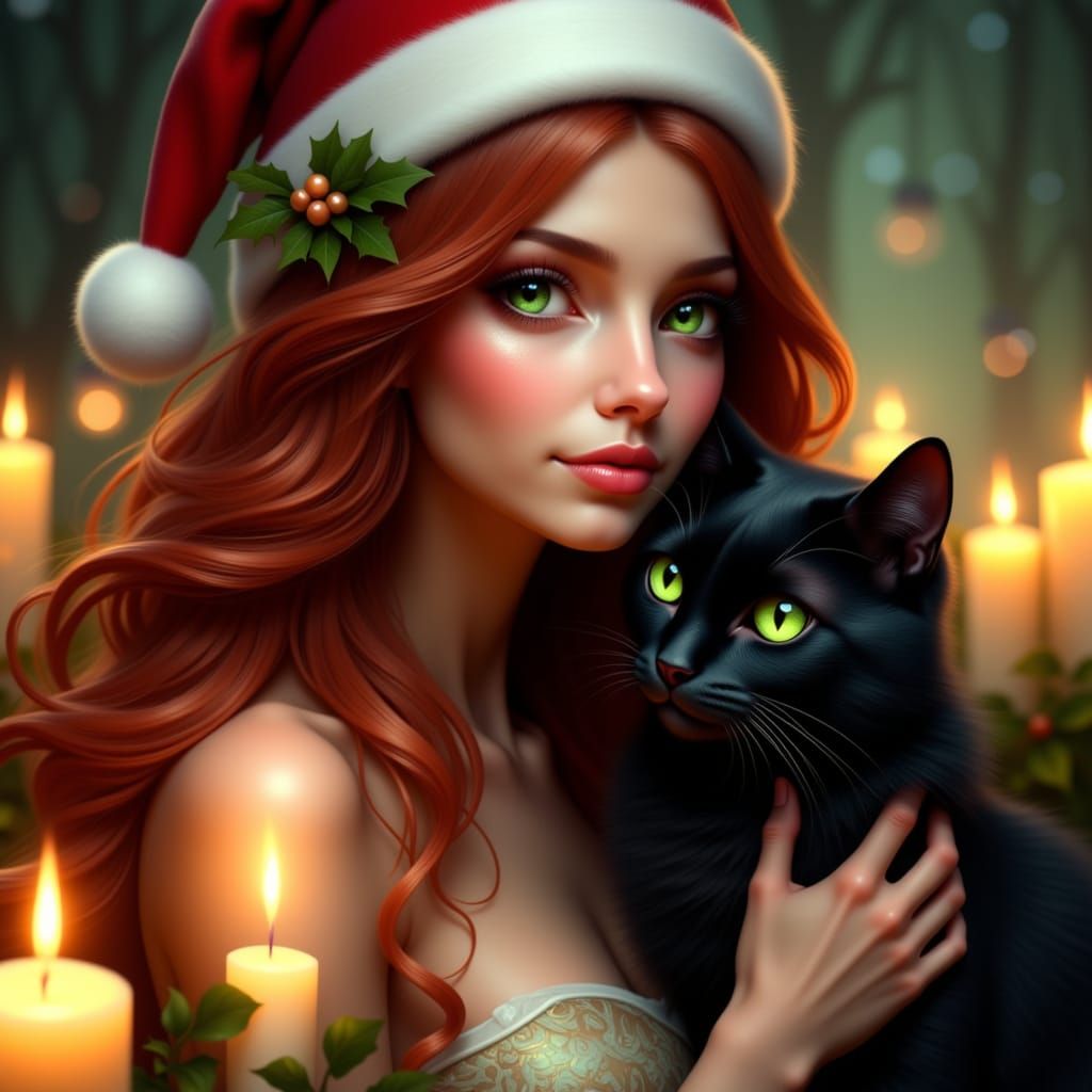 Beautiful Woman in Santa Hat With Cat and Candles