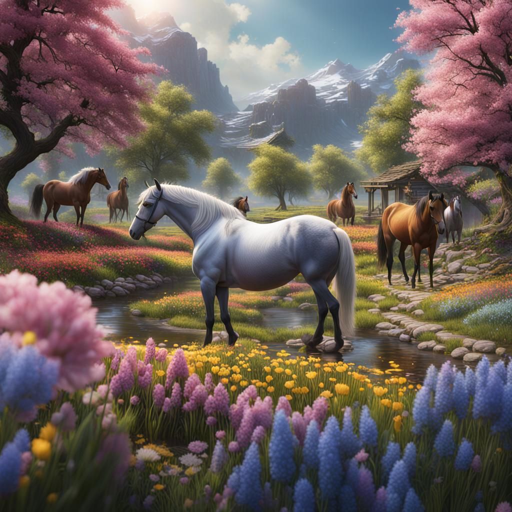 Horses in Spring Flower Field: Fantasy Concept Art
