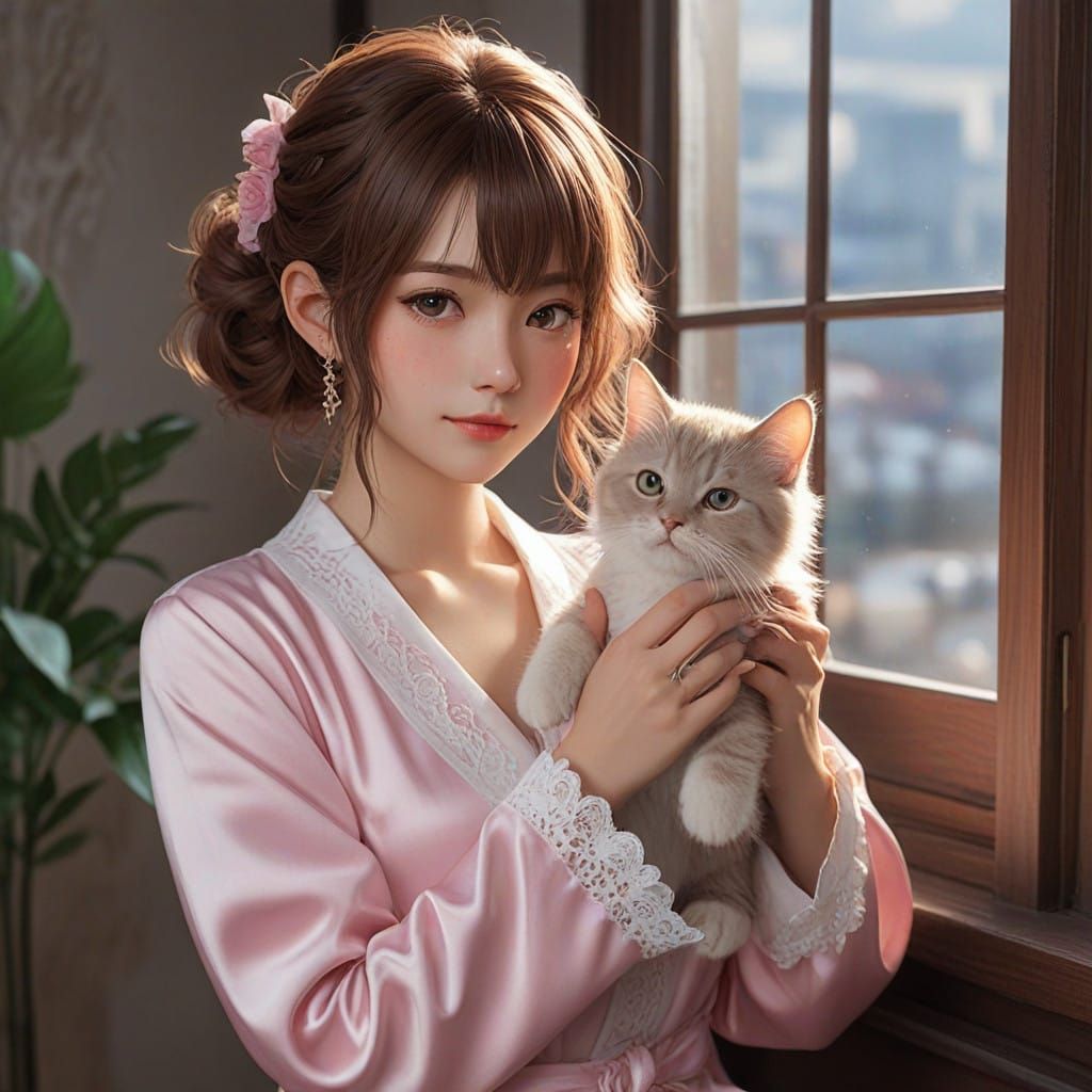Ethereal Beauty: Teenage Woman Cares for Cat in Serene 3D An...