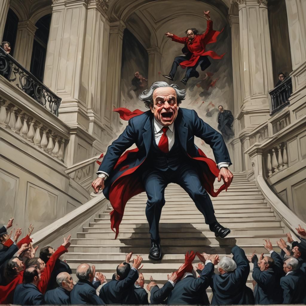 Exaggerated Fall of a French Politician in Expressionist Car...