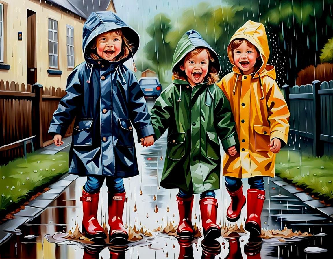 Children Playing in Rain: Whimsical Oil Painting
