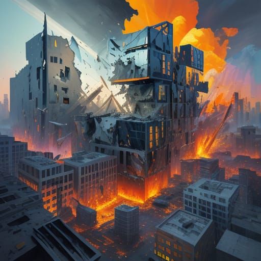 Apocalyptic Cityscape in Cubist Fragmentation
