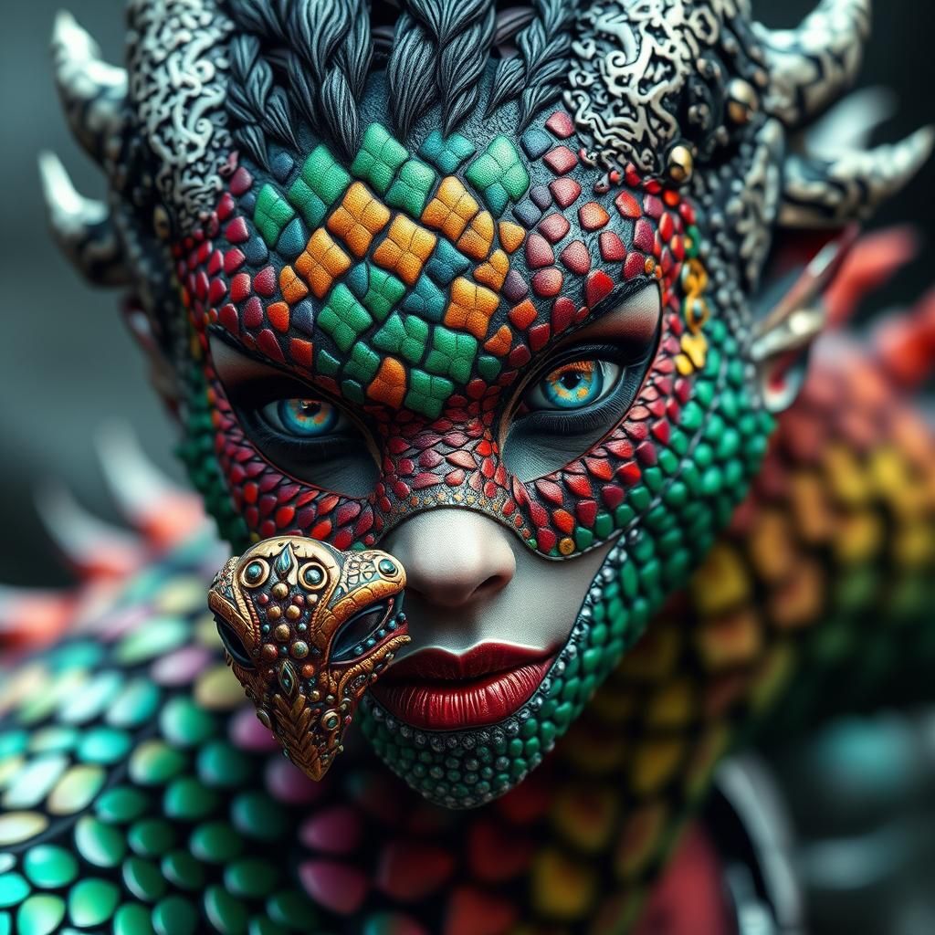 Futuristic Woman with Dragon Scales and Peacock Hair