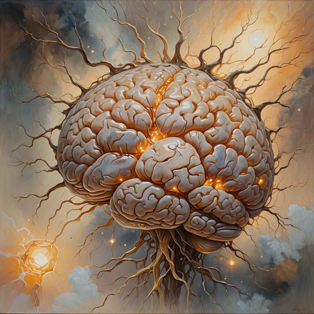 Glowing Brain and Heart in Oil Painting Style