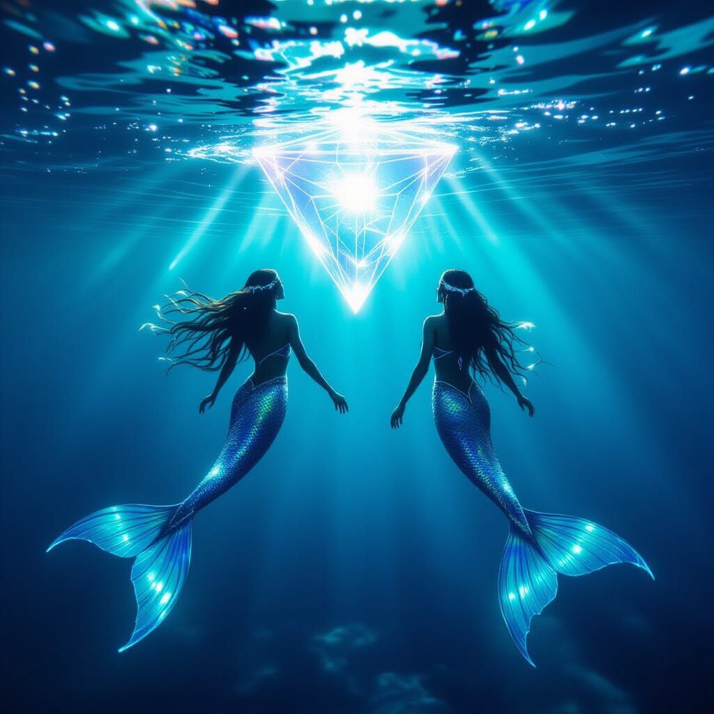 Mermaids Race Towards Crystalline Merkaba in Ethereal Ocean