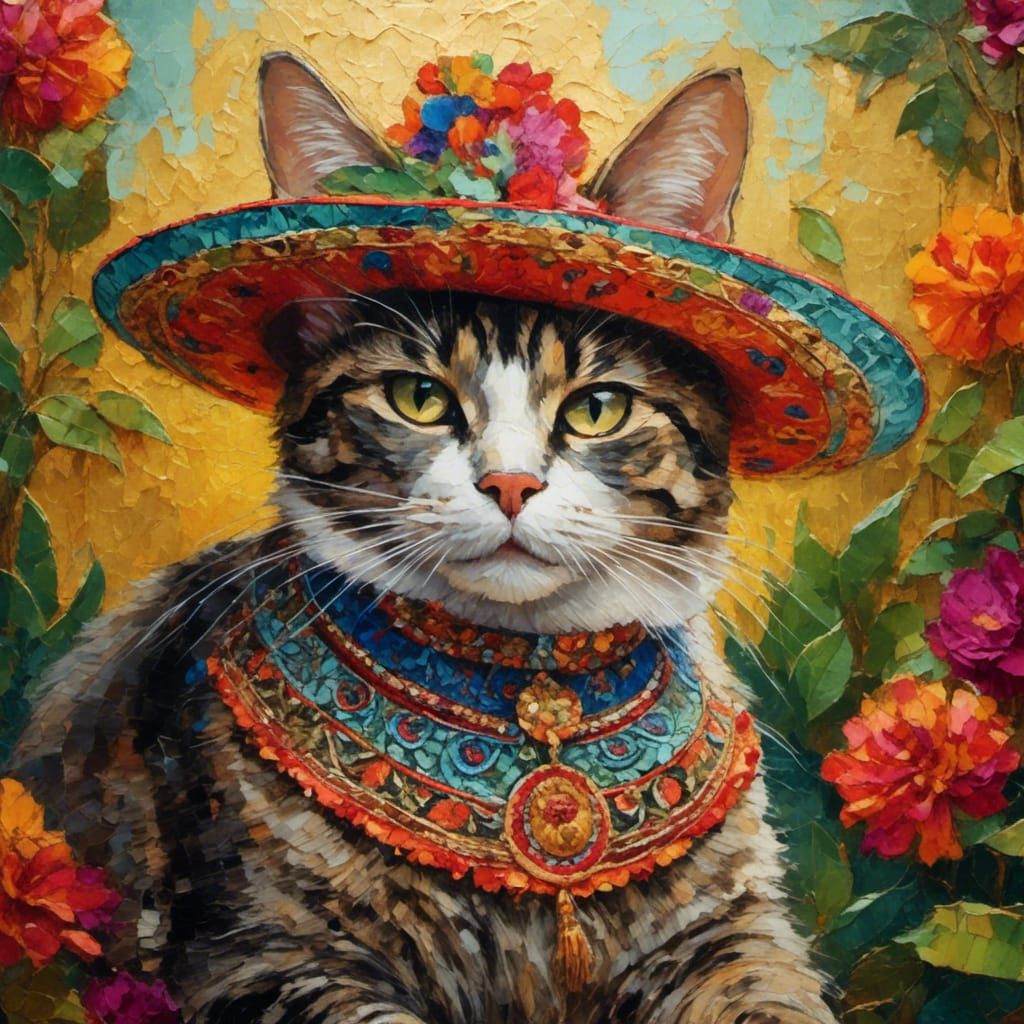 Cat Portrait in Mexican Folk Art Style