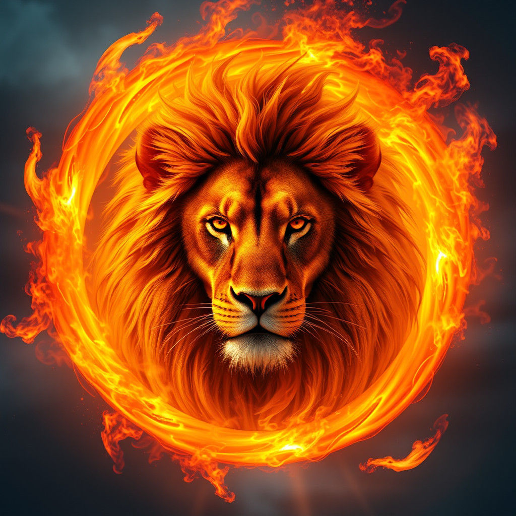Fiery Lion Face Emerges from Ring of Fire