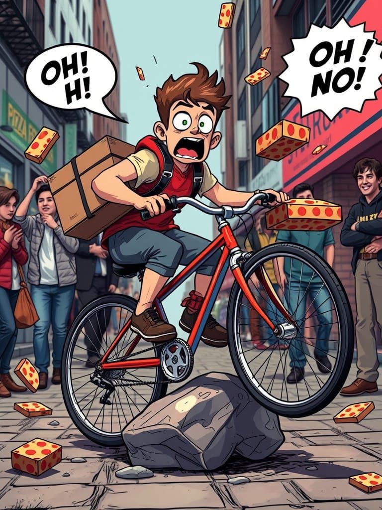 Pizza Delivery Boy's Chaotic Ride in Comic Style
