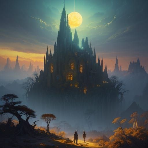 Epic Fantasy Realm in Syd Mead-Inspired Style, with Ancient...