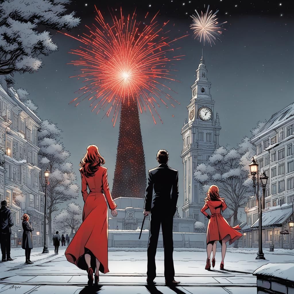 Festive City Celebration with Fireworks and Friends