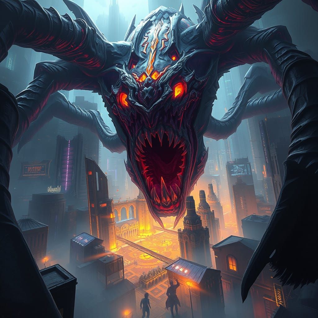 Dark Fantasy Cityscape as a Massive Mimic in Hyperdetailed S...