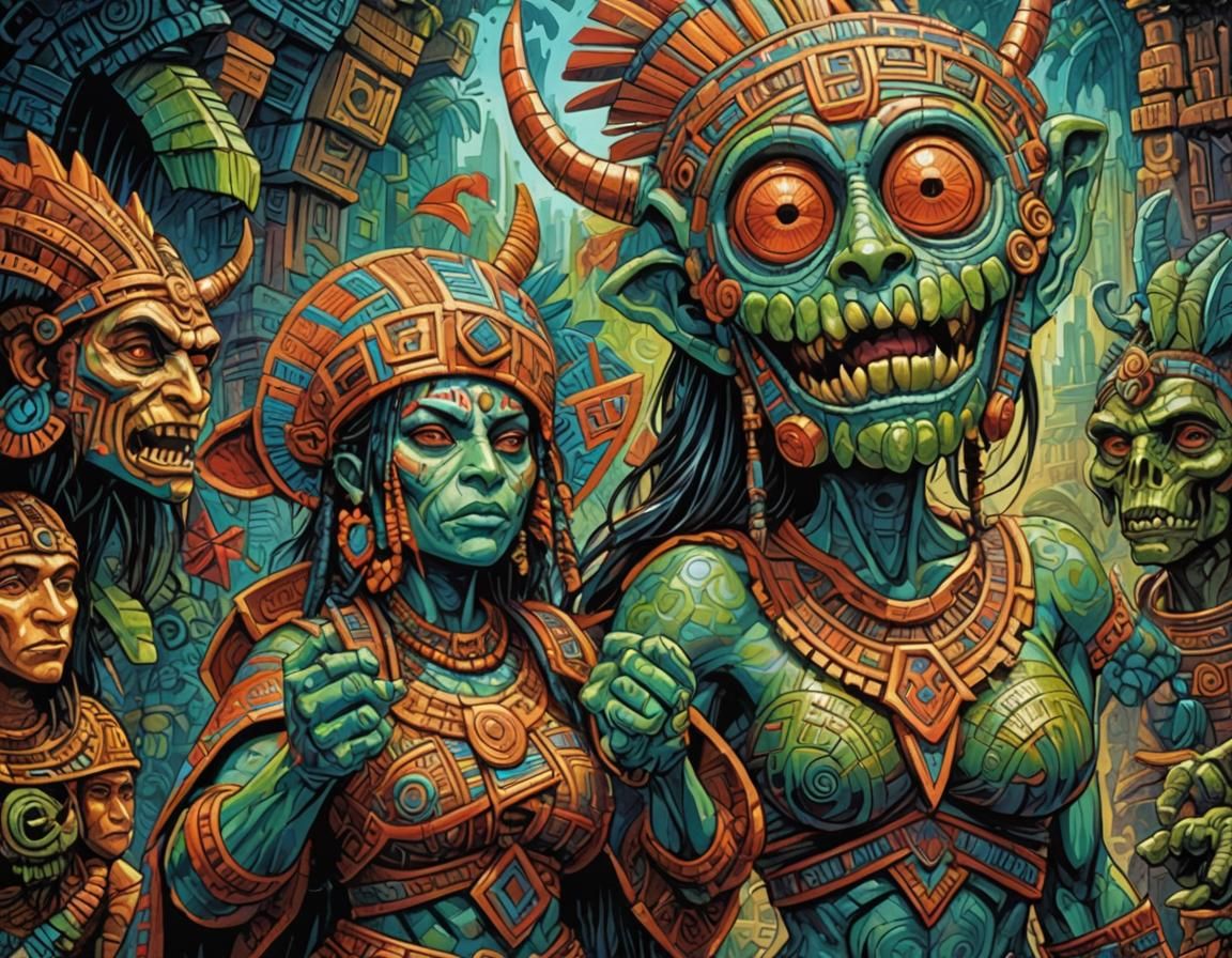 Aztec Goblin Girl in Neo-Impressionist Comic Style