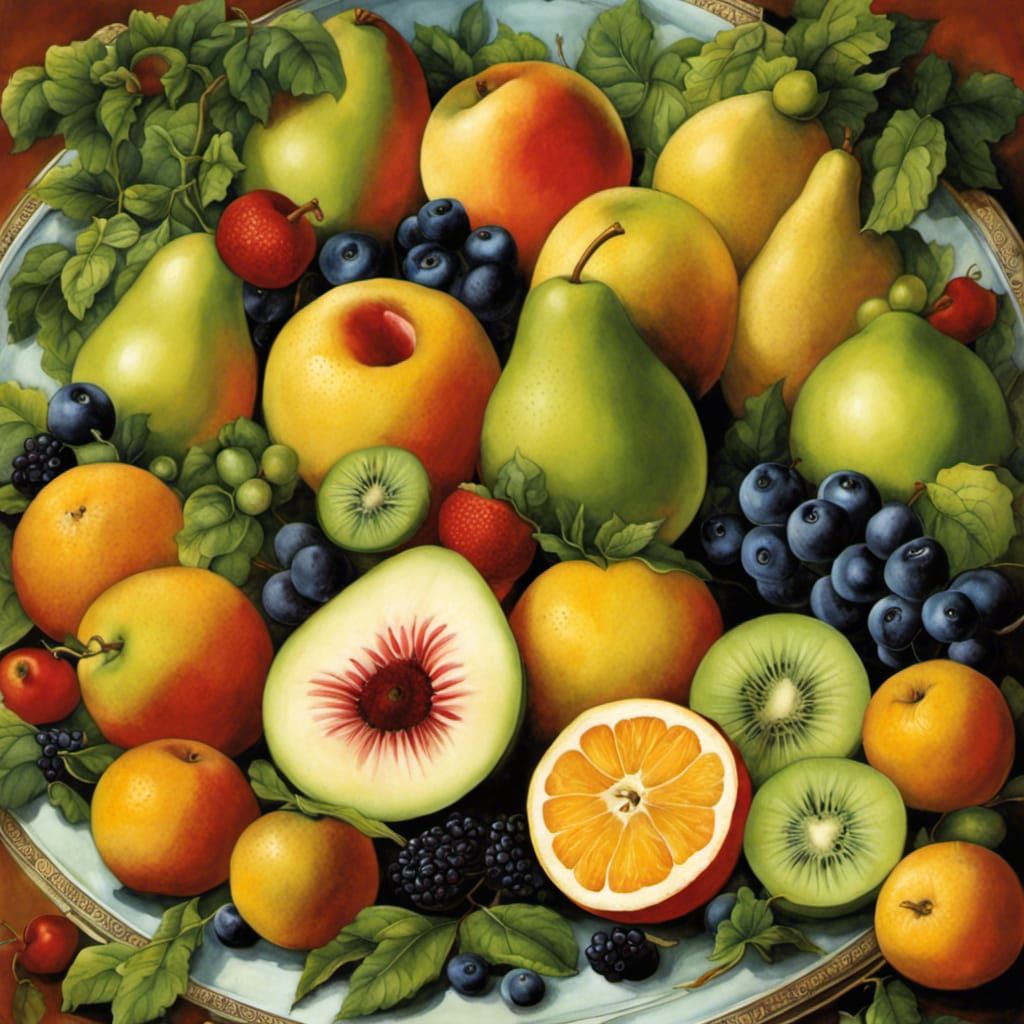 Opulent Fruit Bowl Illustration in Botanical Style