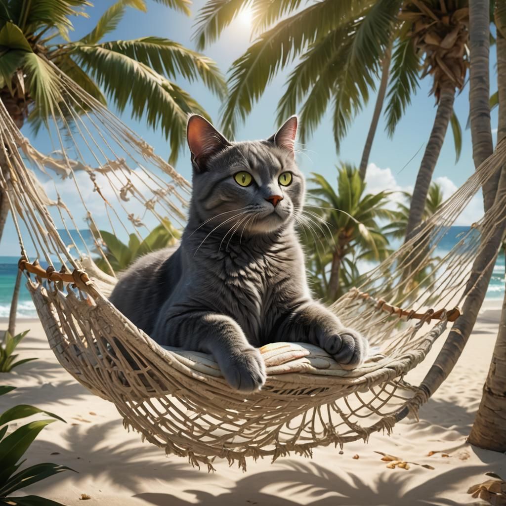 Gray Cat in Hammock: Fantasy Concept Art
