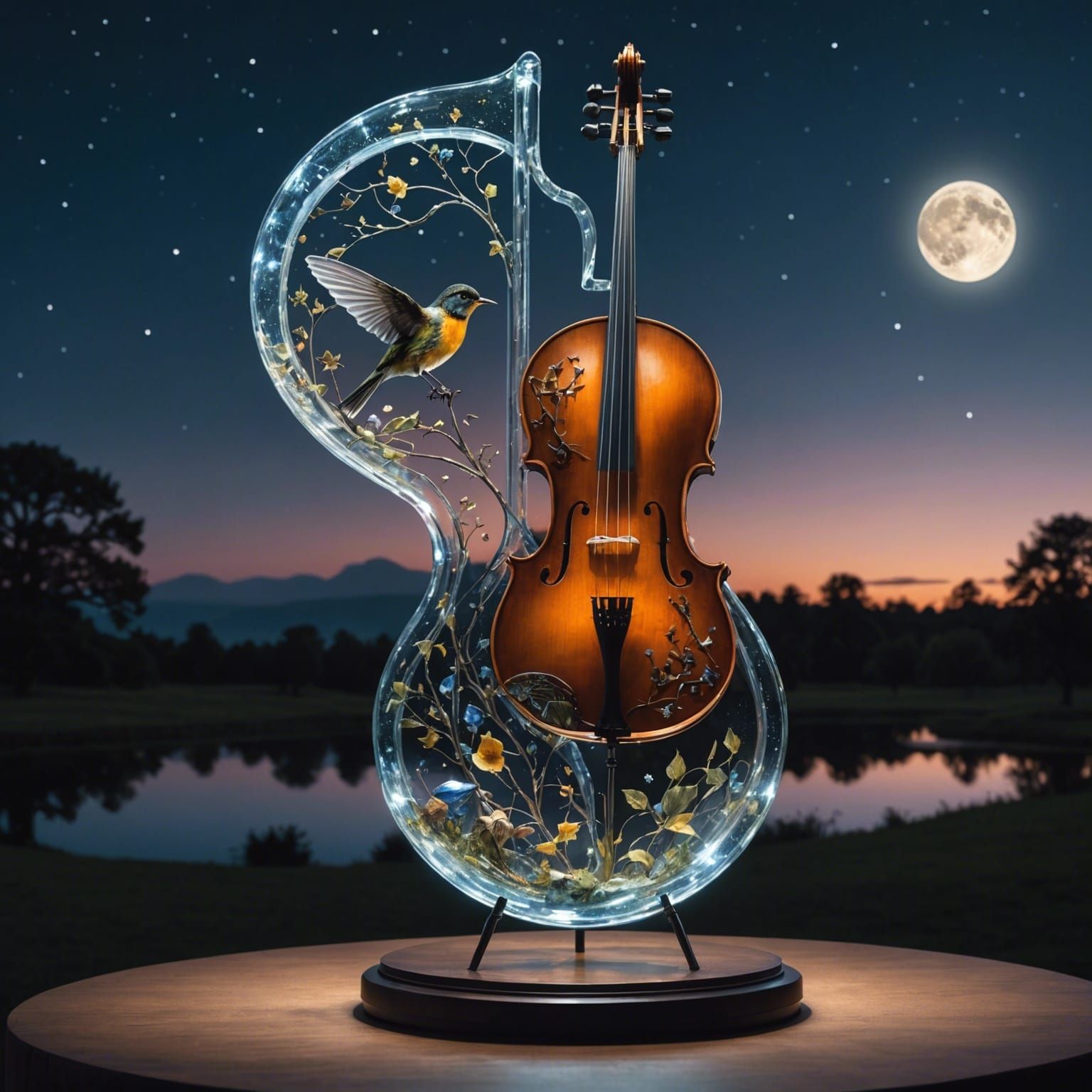 Glass Cello with Songbird Against Night Sky