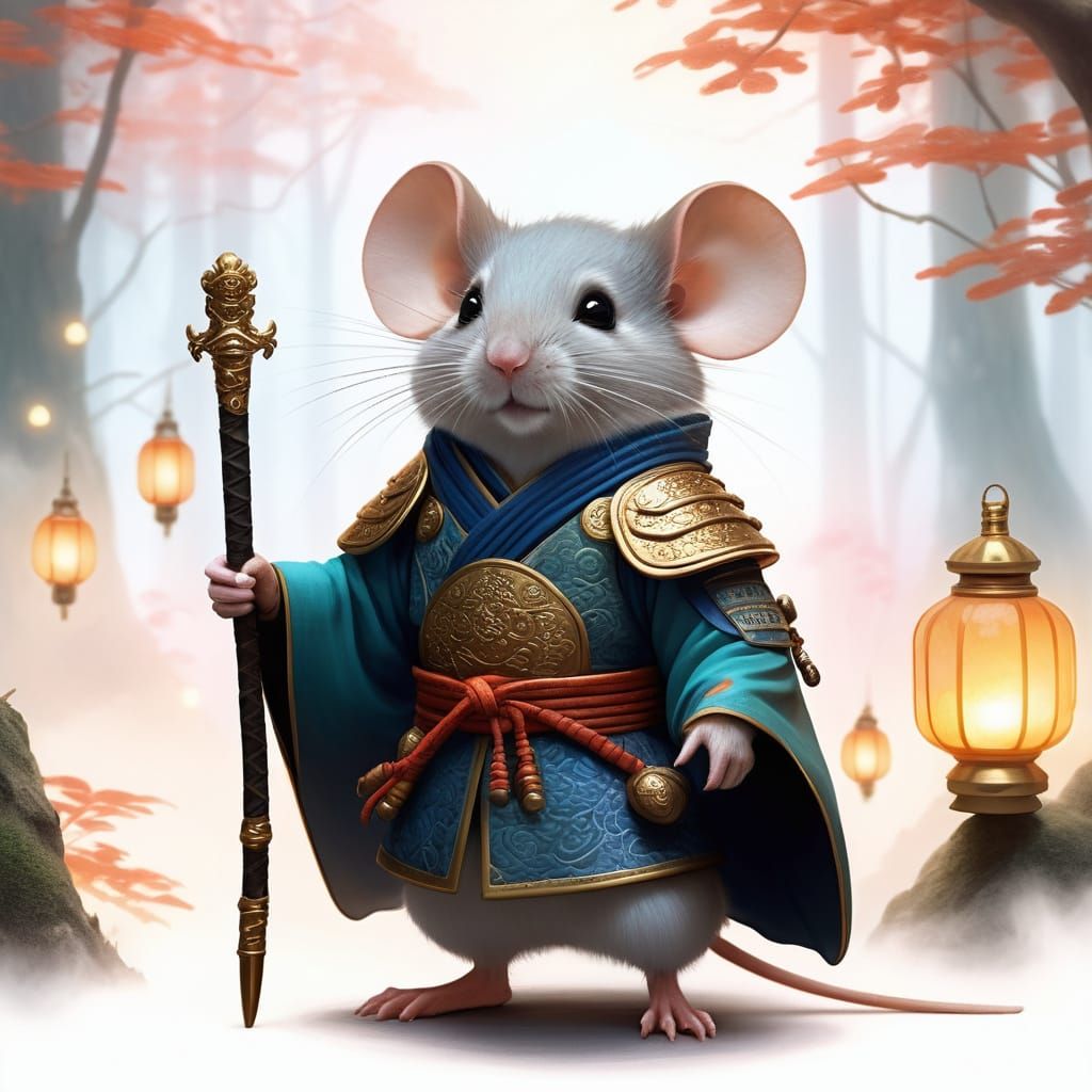 Whimsical Samurai Mouse in Enchanted Forest