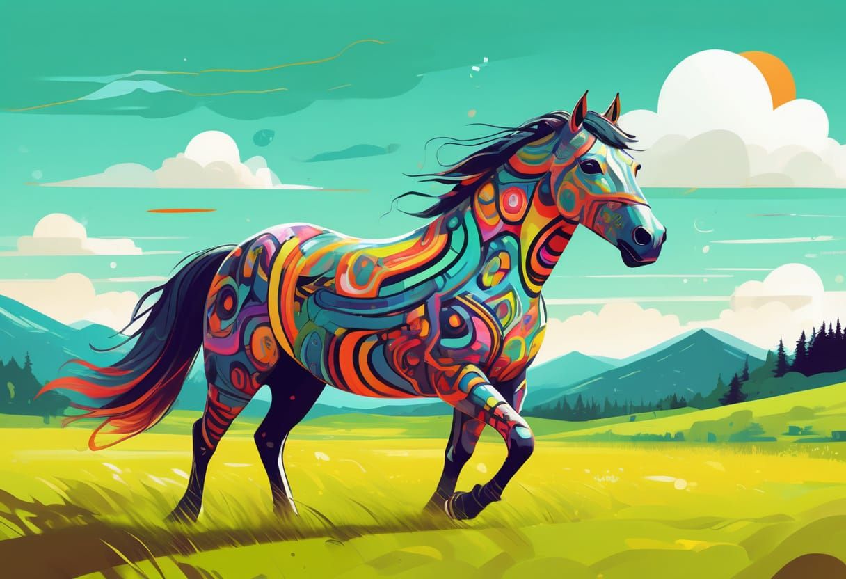 Whimsical Horse in Vibrant Meadow Scene