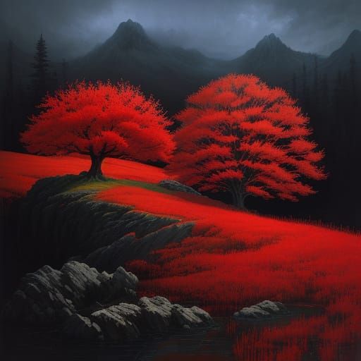 Glowing Red Tree in Mountains: Surreal Digital Illustration