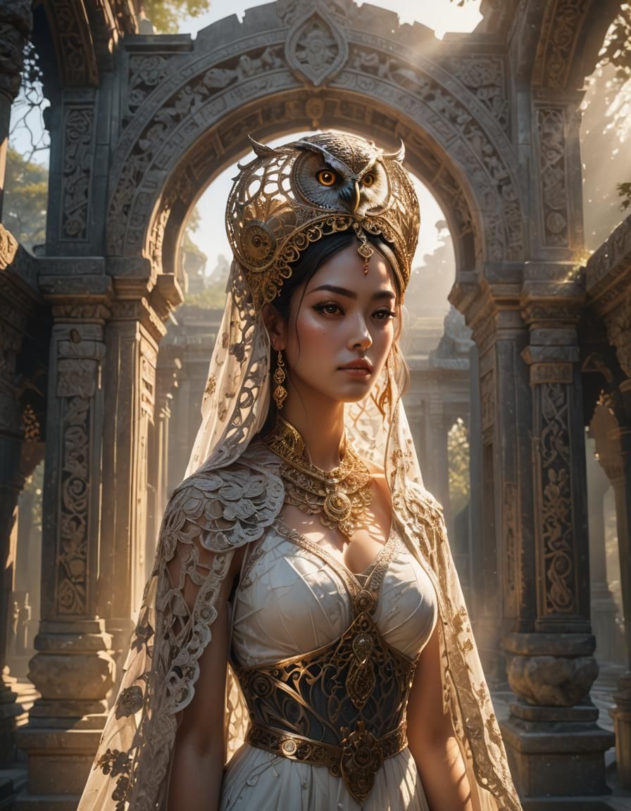 Ornate Veiled Woman with Owl in Sunlight