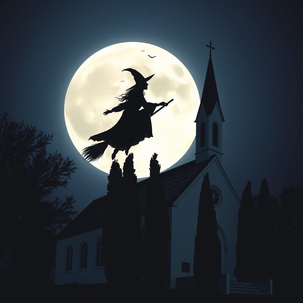 Witch Silhouette Soaring Over Gothic Church