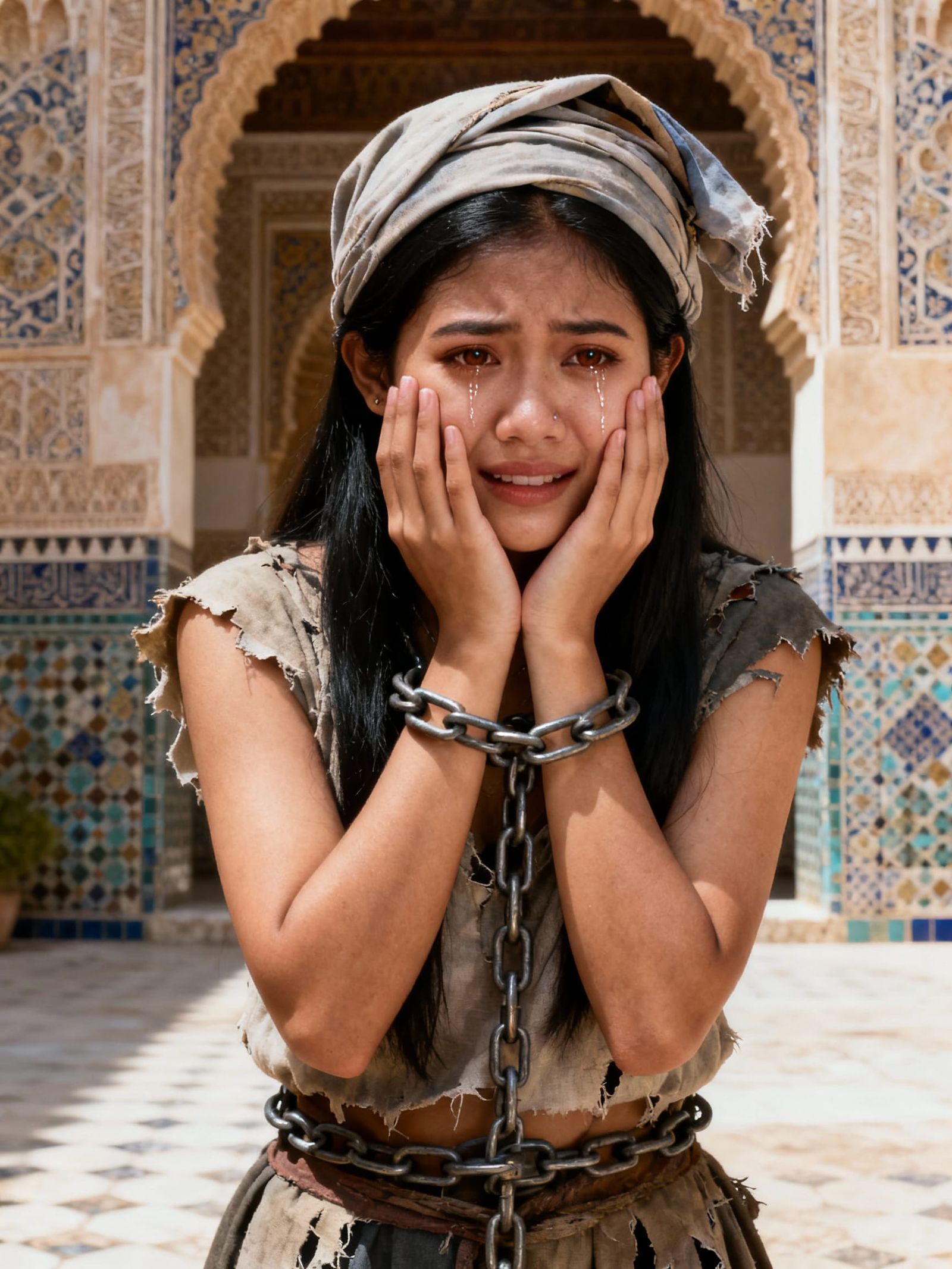 Young Woman Crying in Alhambra, Hyper-Realistic