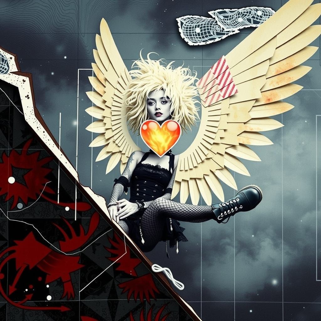 Punk Figure With Flaming Heart in Dadaist Collage Style