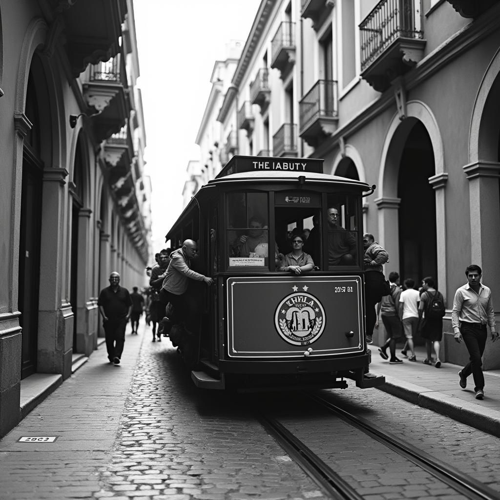 Dynamic Trolley Scene in Naples: Black and White Photo
