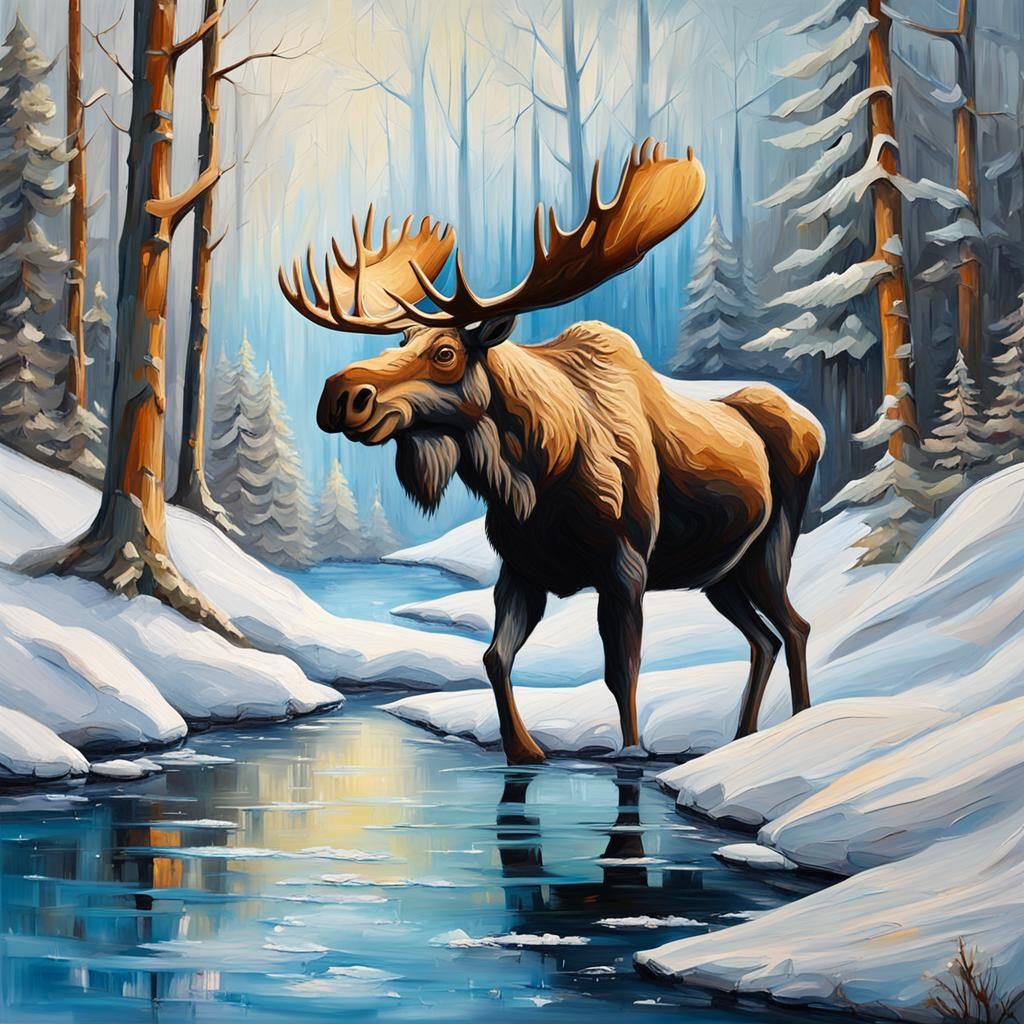 Moose in Winter Forest: Impasto Oil Painting