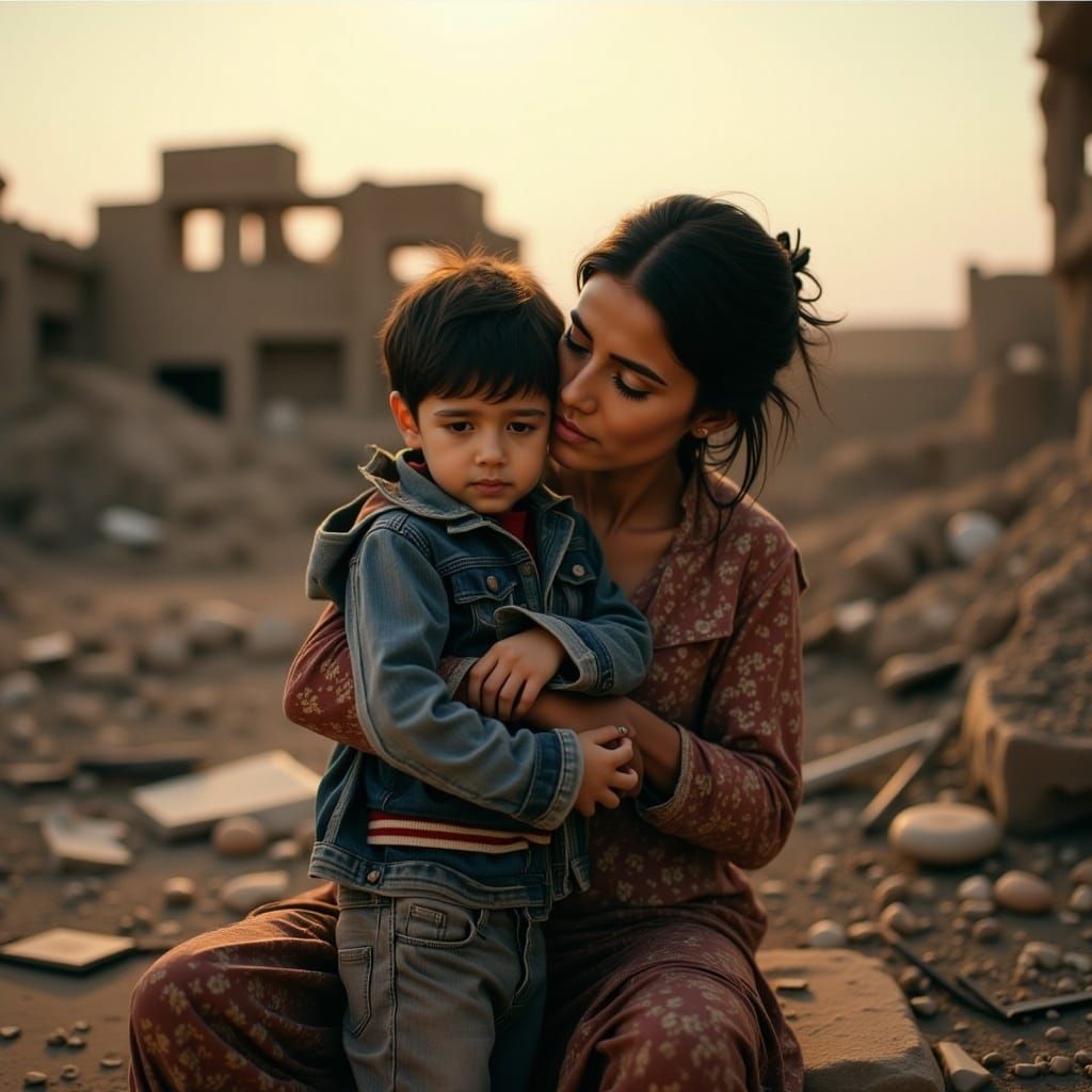 Devastated Landscape: Mother and Son's Embrace