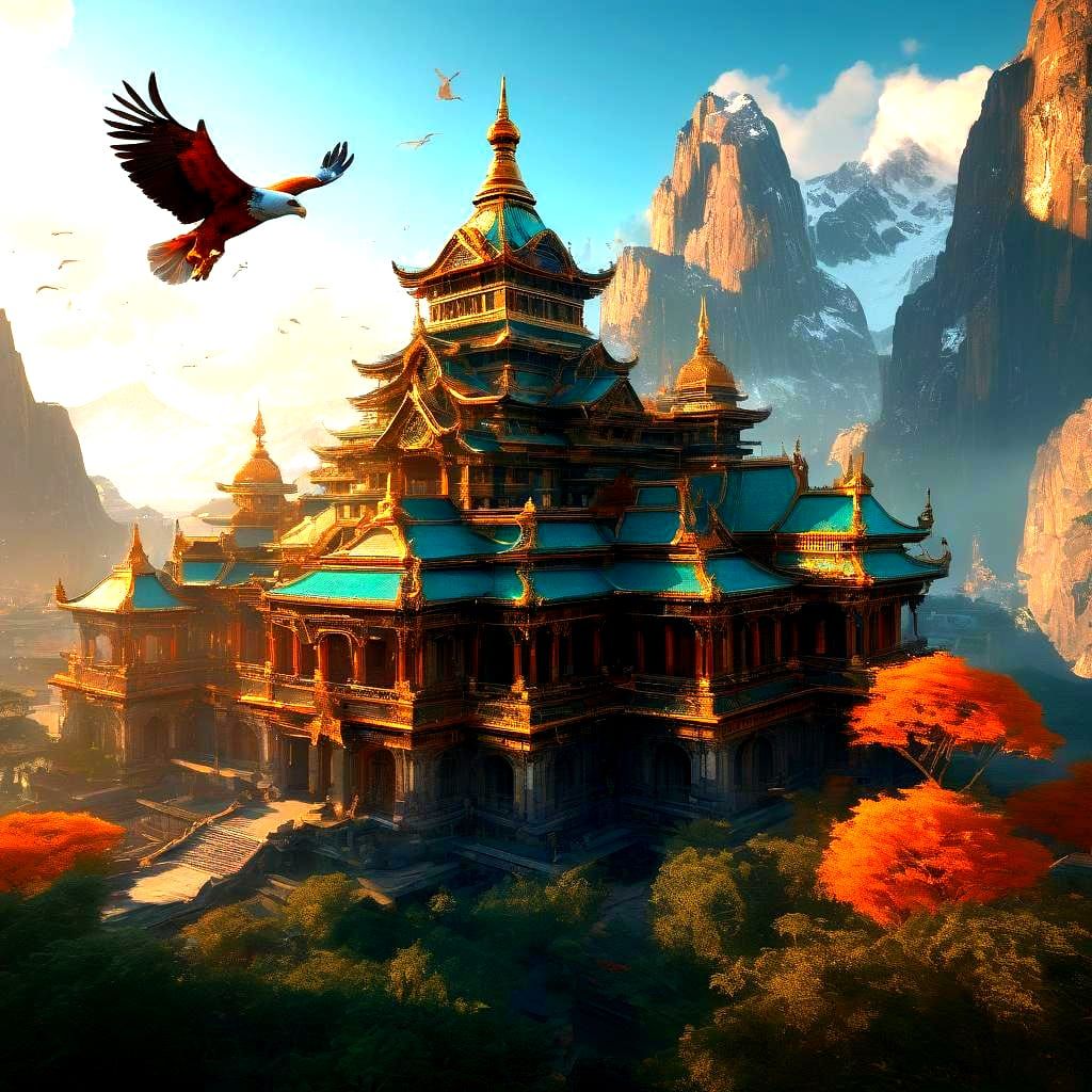 Eagle Over Buddhist Temple at Sunset