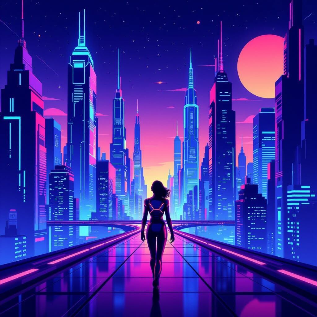Futuristic Cityscape in Y2K Flat Vector Style