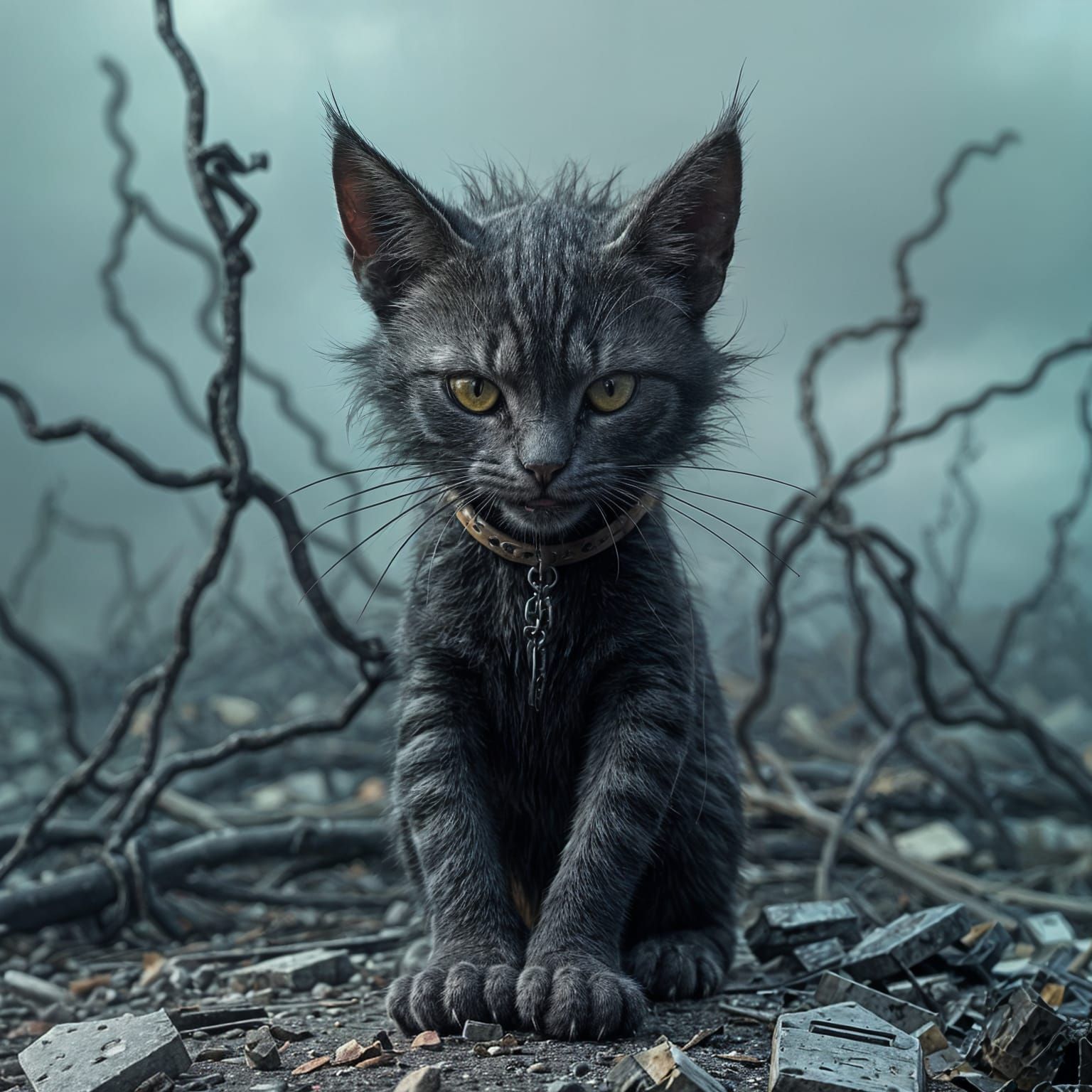 Feline Figure in a Haunting Wasteland