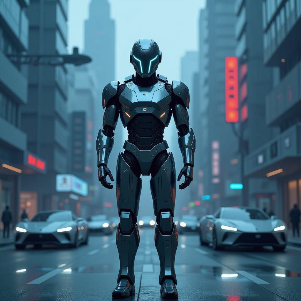 Dystopian Robot Overlords in Futuristic Cyberpunk City