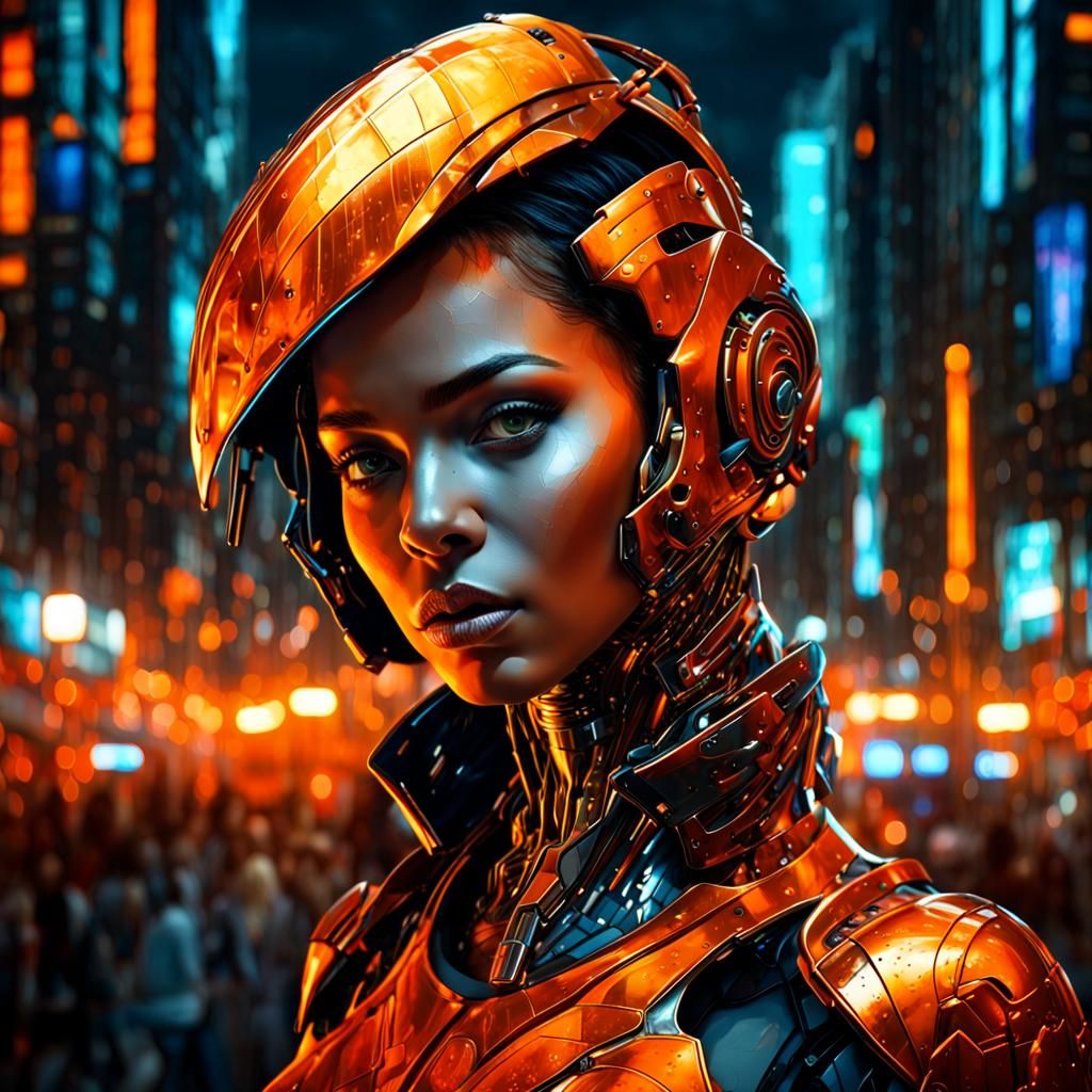 Cyborg Girl Portrait in Dark Orange Art Nouveau Style