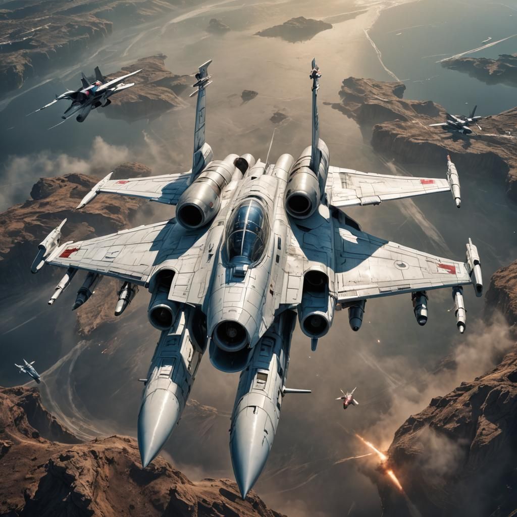 Sleek White Starfighter Squadron in Attack Formation