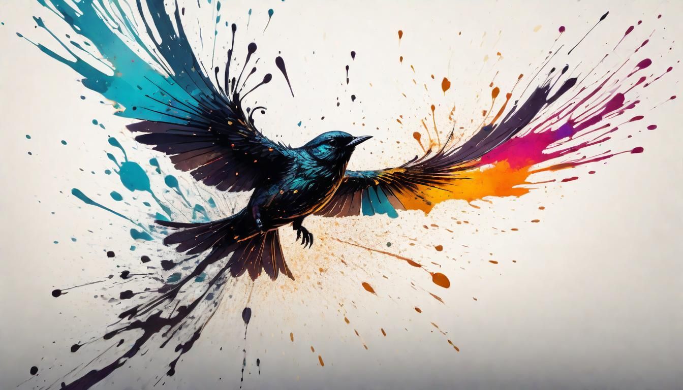 Bird in Flight with Stylized Ink Splatters