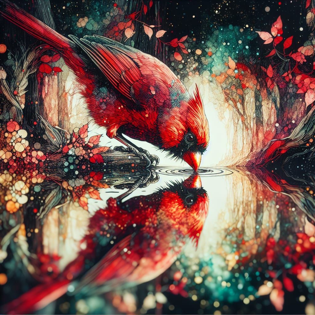 Cardinal Drinking at Night in Double Exposure Style