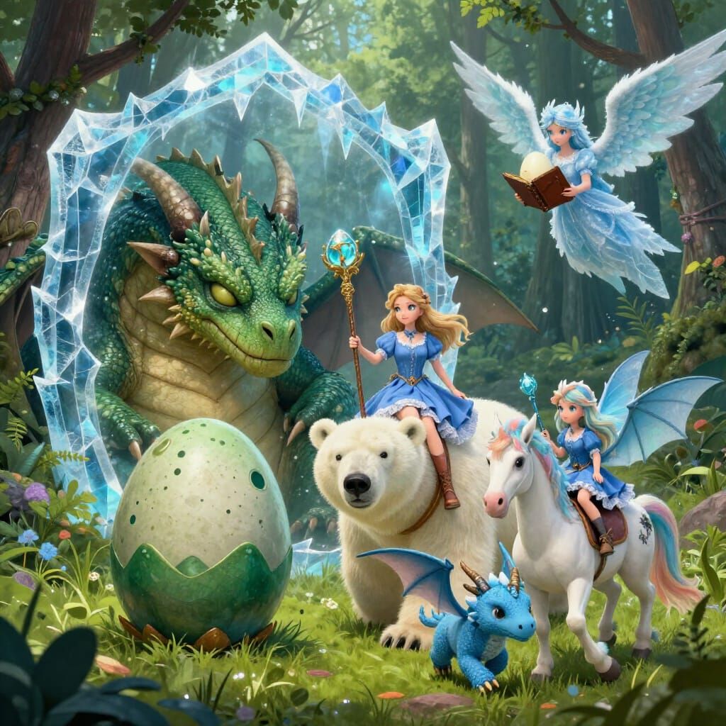 Fantasy Forest Scene With Dragon Egg And Ice Angel