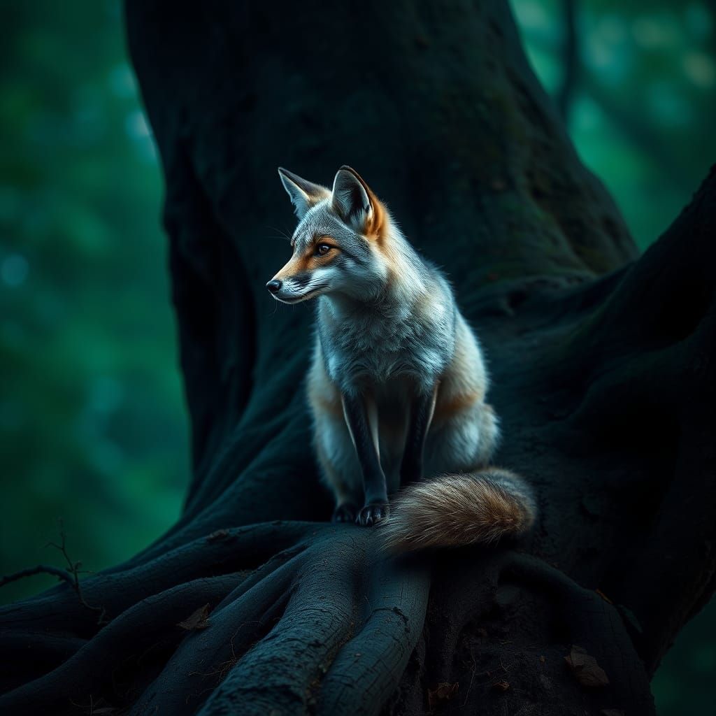 Enigmatic Grey Fox in Mystical Forest