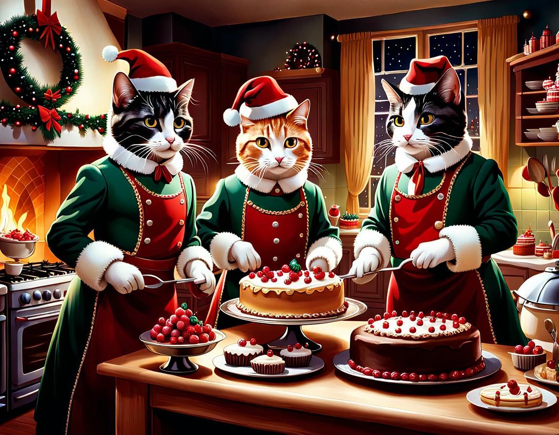 Cats Baking Cakes in Christmas Wonderland