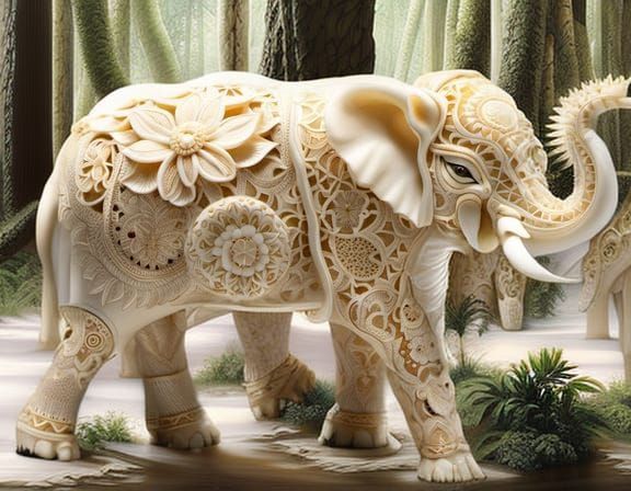 Ivory Elephant in Detailed Jungle Painting