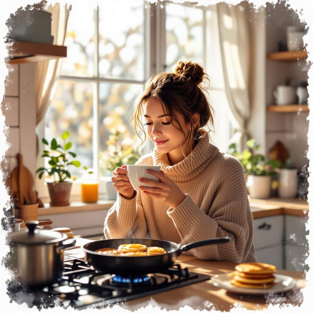 Cozy Kitchen Morning Coffee Scene in Watercolor Style