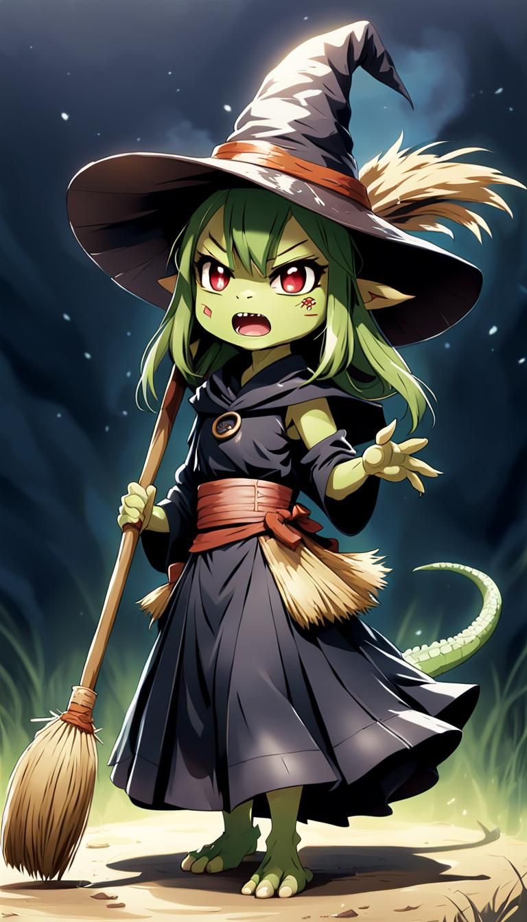 Furious Chibi Lizardwoman Witch in Anime Style