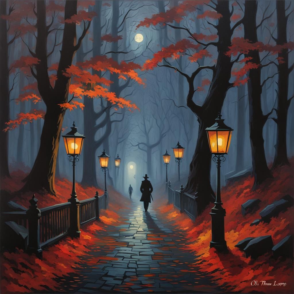 Man in Spooky Forest Oil Painting with Mist