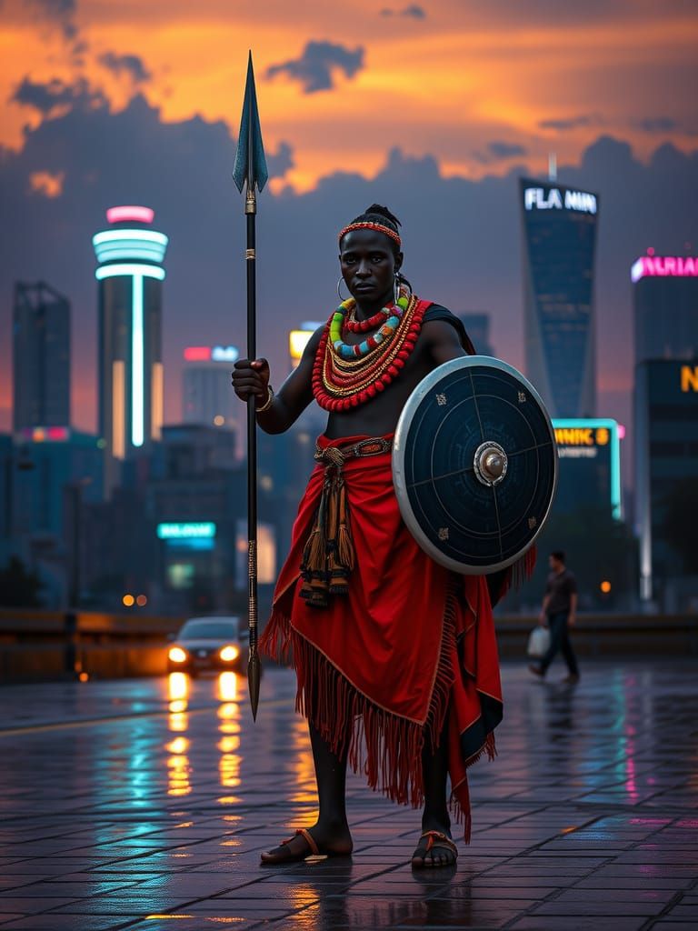 Heroic Maasai Warrior in Futuristic Nairobi Skyscraper Backd...