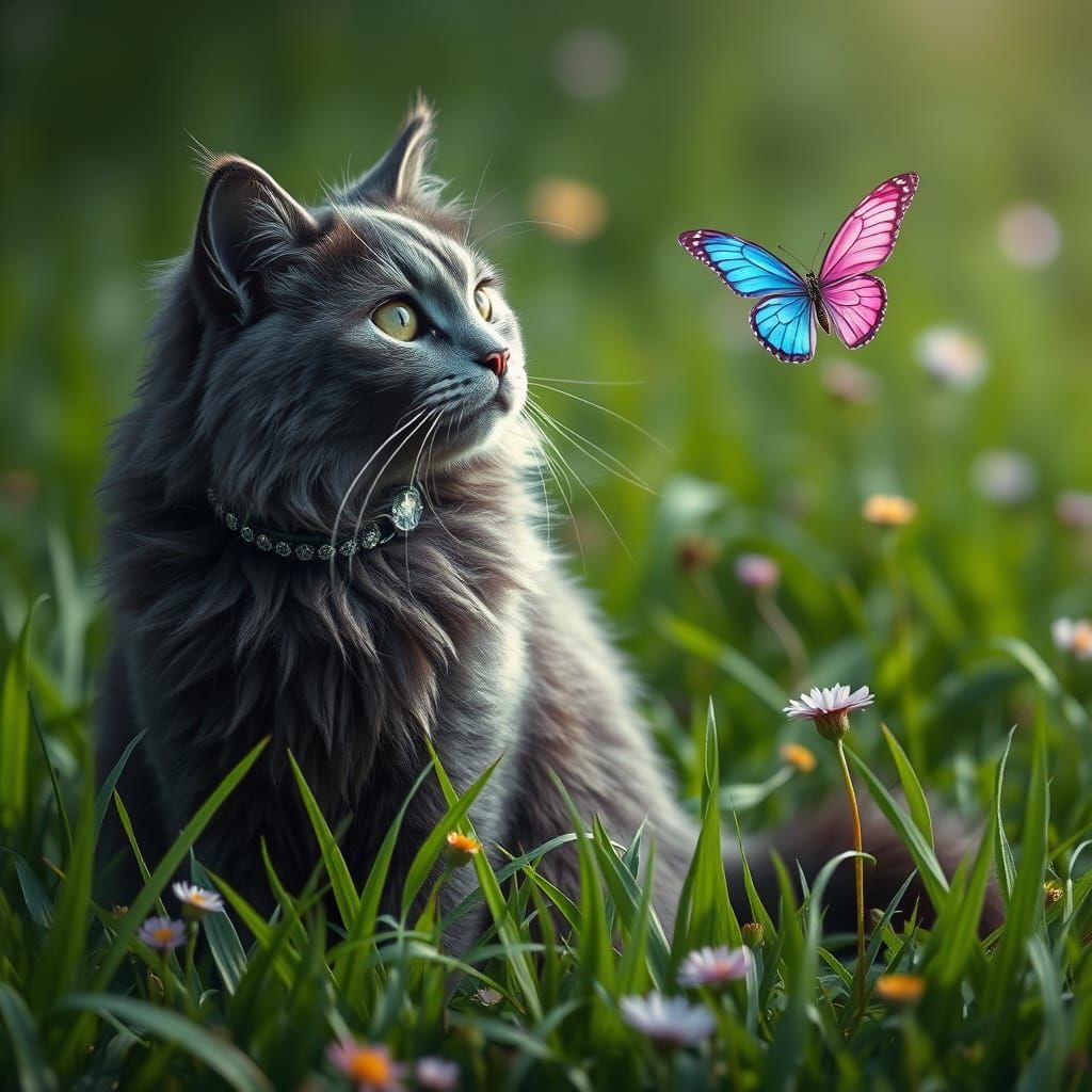 Hyperrealistic Cat Watching Butterfly in Digital Art Style