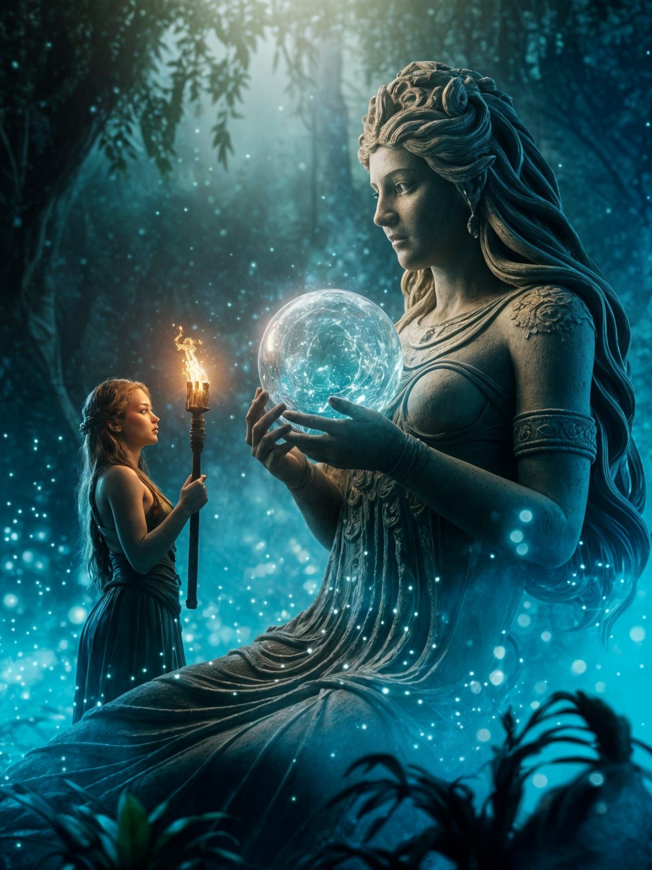 Explorer and Ancient Jungle Statue in Magical Forest