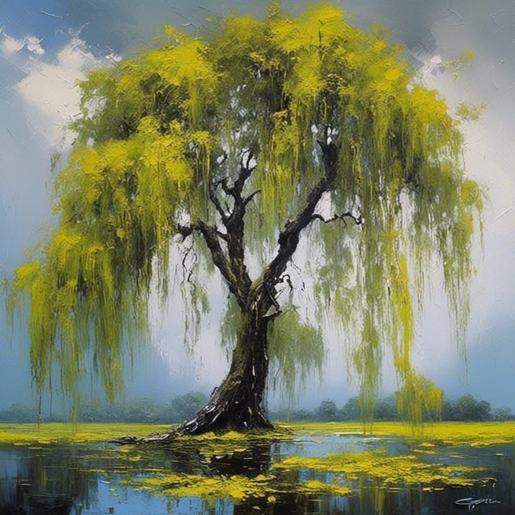 Weeping Willow: Minimalist Oil Painting in Impasto Style